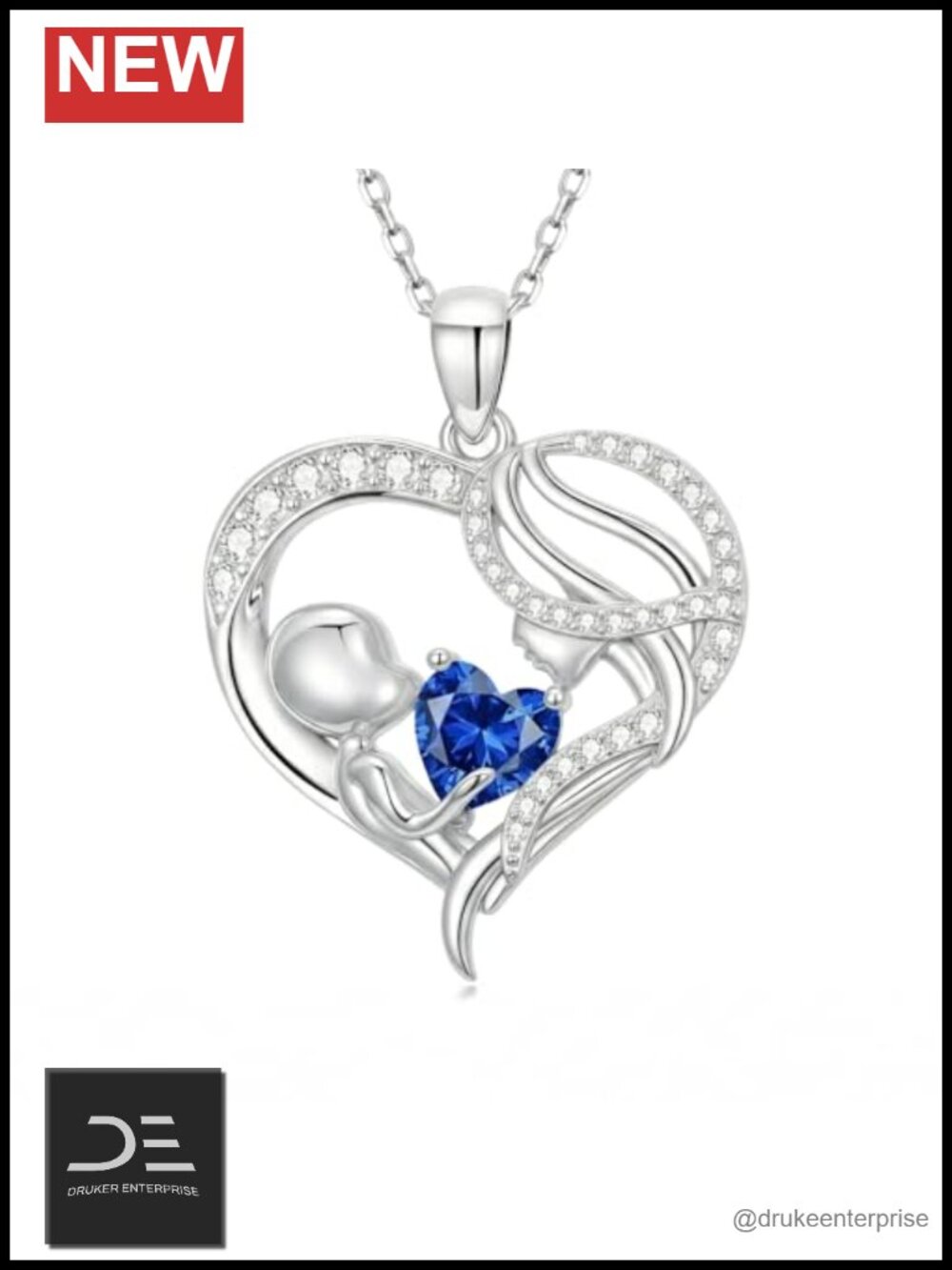 Mother Necklace Birthstone New Mom Gift Mama Daughter Son Heart Pendant Blue